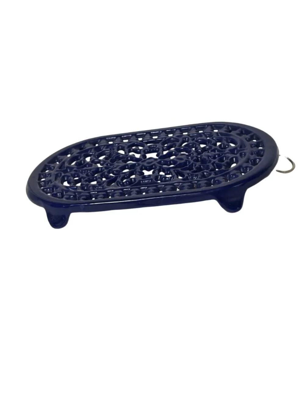 Cobalt Blue Cast Iron Heavy Trivet Oval 10x6 Filigree